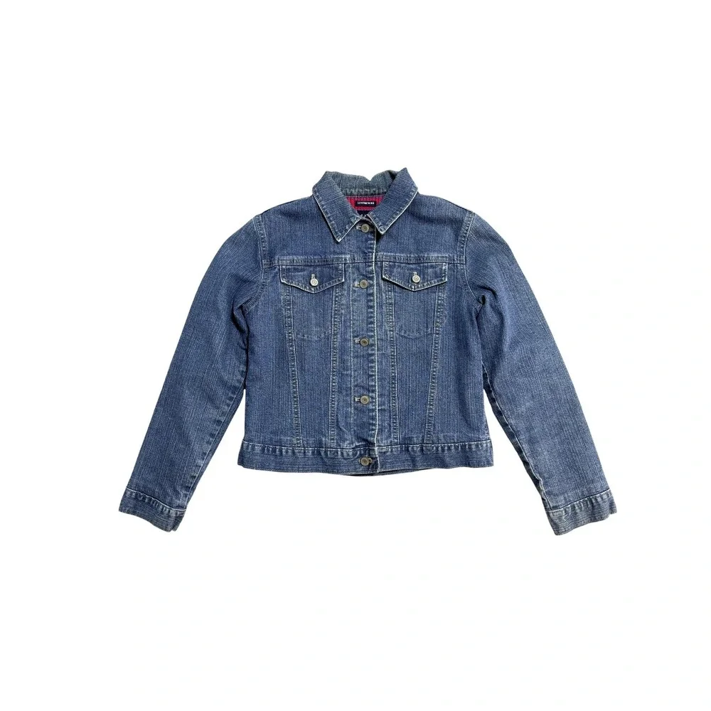 Vintage Gap Kids Denim Jacket Youth XXL 14-16 Blue Rainbow Stripe Knit Lined Y2K